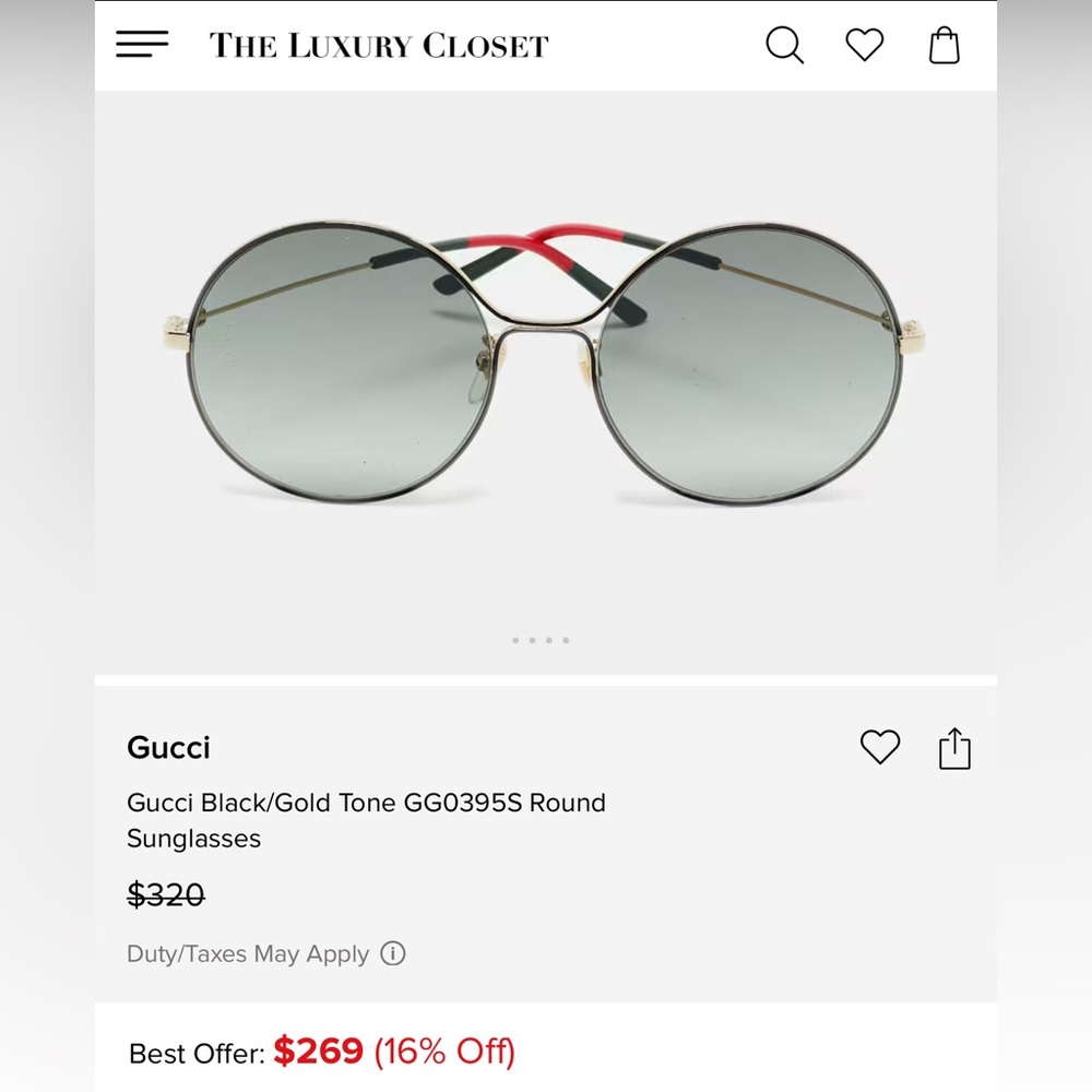 Gucci Black/Gold Tone GG0395S Round Sunglasses